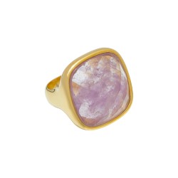 Anel Fane's Pedra Natural Quartzo Ametista Metal Dourado