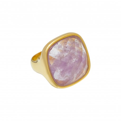 Anel Fane's Pedra Natural Quartzo Ametista Metal Dourado