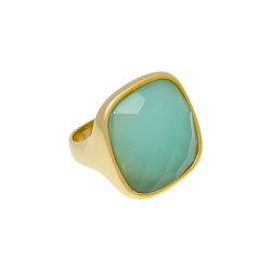 Anel Fane's Pedra Natural Àgata Azul Céu Metal Dourado