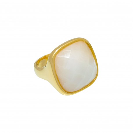 Anel Fane's Pedra Natural Quartzo Branco Metal Dourado