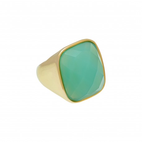 Anel Fane's Pedra Natural Àgata Azul Céu Metal Dourado