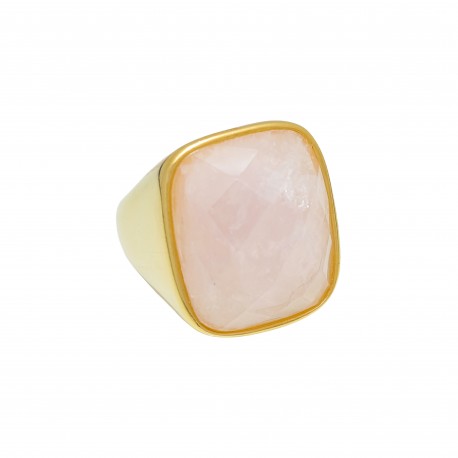 Anel Fane's Pedra Natural Quartzo Rosa Metal Dourado