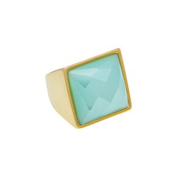 Anel Fane's Pedra Natural Àgata Azul Céu Metal Dourado