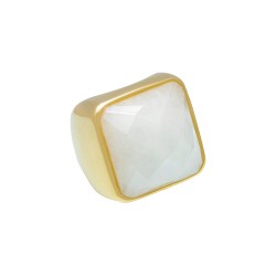 Anel Fane's Pedra Natural Quartzo Branco Metal Dourado