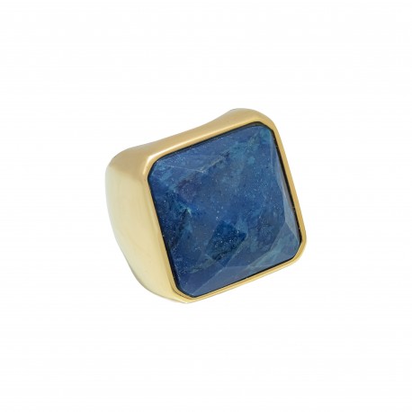 Anel Fane's Pedra Natural Sodalita Marinho Metal Dourado