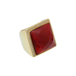 Anel Fane's Pedra Natural Cristal Rubi Zircônias Metal Dourado