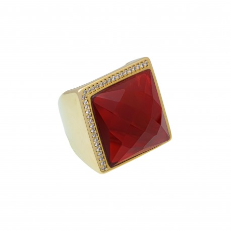 Anel Fane's Pedra Natural Cristal Rubi Zircônias Metal Dourado