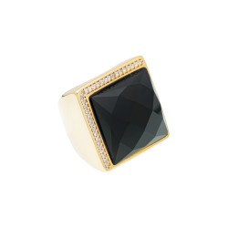Anel Fane's Pedra Natural Onix Zircônias Metal Dourado
