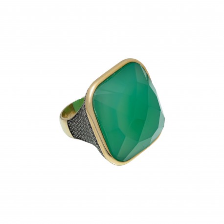 Anel Fane's Pedra Natural Àgata Esmeralda Zircônias Metal Dourado