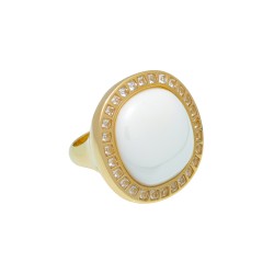 Anel Fane's Pedra Natural Àgata Branca Zircônias Metal Dourado