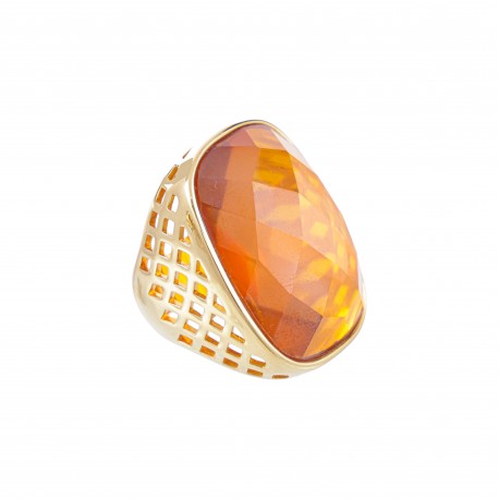 Anel Fane's Pedra Natural Cristal Ambar Metal Dourado