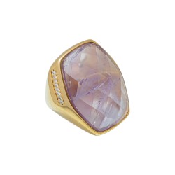 Anel Fane's Pedra Natural Quartzo Ametista Zircônia Metal Dourado