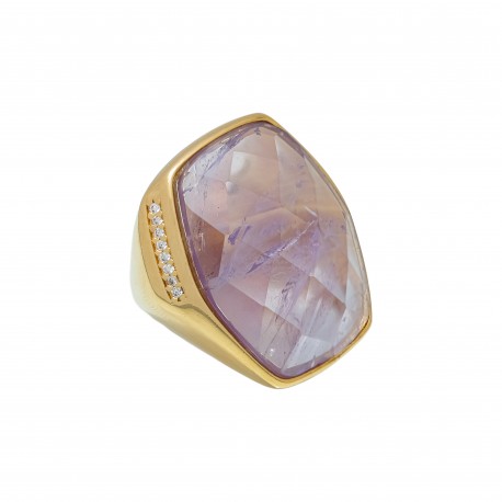 Anel Fane's Pedra Natural Quartzo Ametista Zircônia Metal Dourado