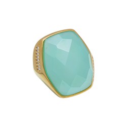 Anel Fane's Pedra Natural Ágata Azul Céu Zircônia Metal Dourado