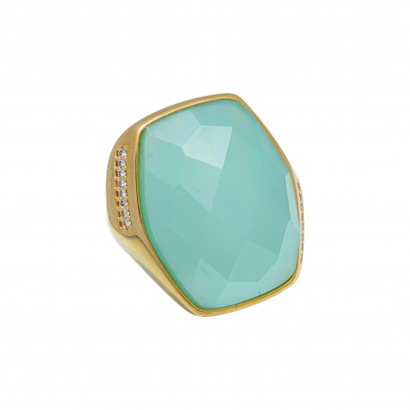 Anel Fane's Pedra Natural Ágata Azul Céu Zircônia Metal Dourado