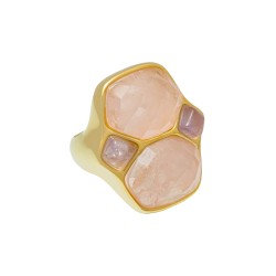 Anel Fane's Pedra Natural Quartzo Rosa Metal Dourado