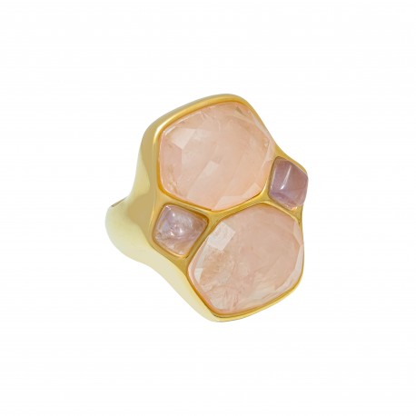 Anel Fane's Pedra Natural Quartzo Rosa Metal Dourado