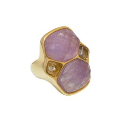 Anel Fane's Pedra Natural Quartzo Ametista Metal Dourado