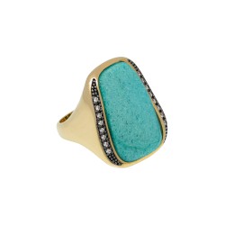 Anel Fane's Pedra Natural Jade Azul Zircônia Metal Dourado