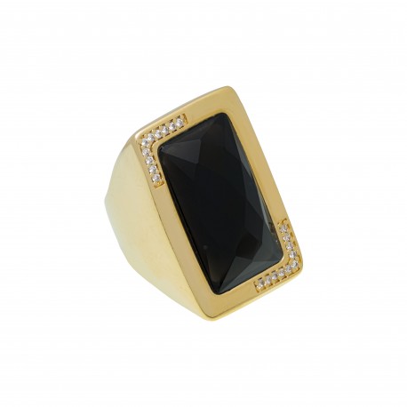 Anel Fane's Pedra Natural Onix Zircônias Metal Dourado