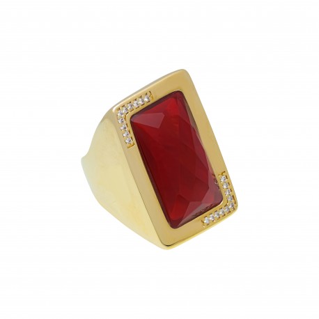 Anel Fane's Pedra Natural Cristal Rubi Zircônias Metal Dourado