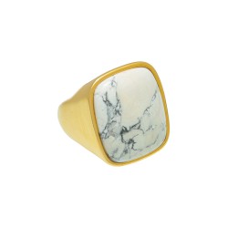 Anel Fane's Pedra Natural Howlita Branca Metal Dourado