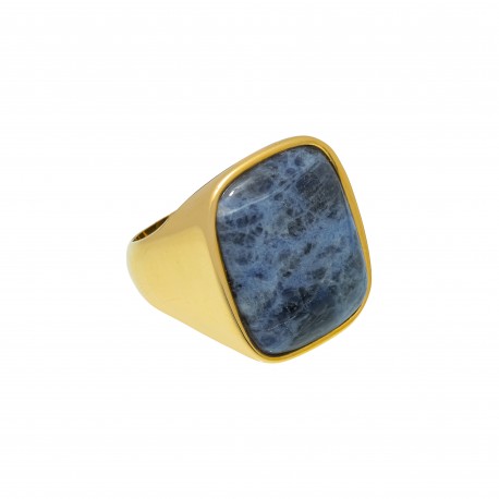 Anel Fane's Pedra Natural Sodalita Marinho Metal Dourado
