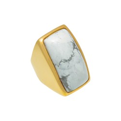 Anel Fane's Pedra Natural Howlita Branca Metal Dourado