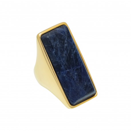 Anel Fane's Pedra Natural Sodalita Marinho Metal Dourado