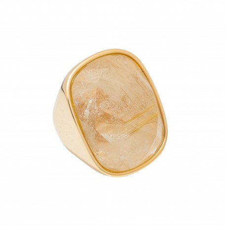 Anel Fane's Pedra Natural Quartzo Rutilado Metal Dourado
