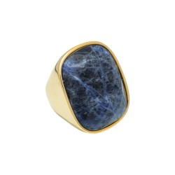 Anel Fane's Pedra Natural Sodalita Marinho Metal Dourado