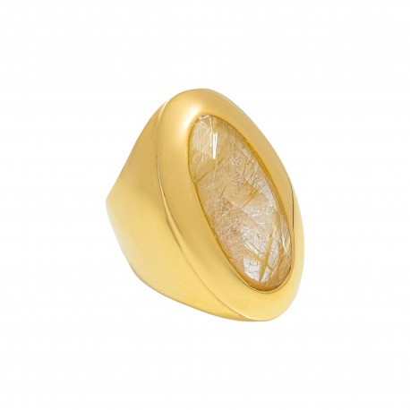 Anel Fane's Pedra Natural Quartzo Rutilado Metal Dourado