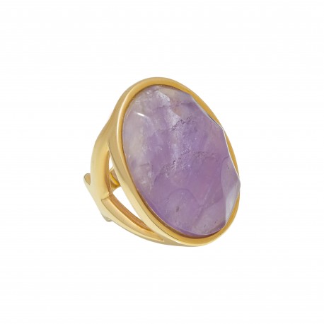 Anel Fane's Pedra Natural Quartzo Ametista Metal Dourado