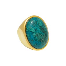 Anel Fane's Pedra Natural Labradorita Verde Metal Dourado