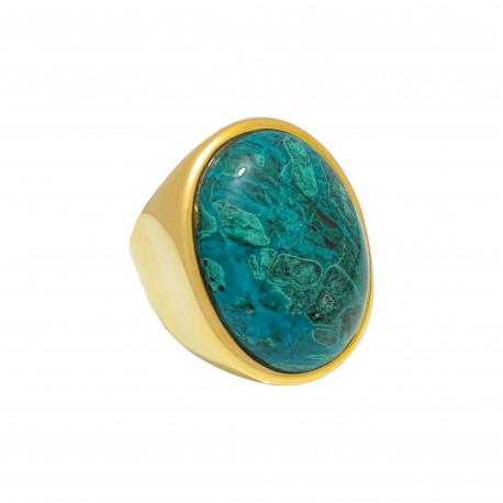 Anel Fane's Pedra Natural Labradorita Verde Metal Dourado