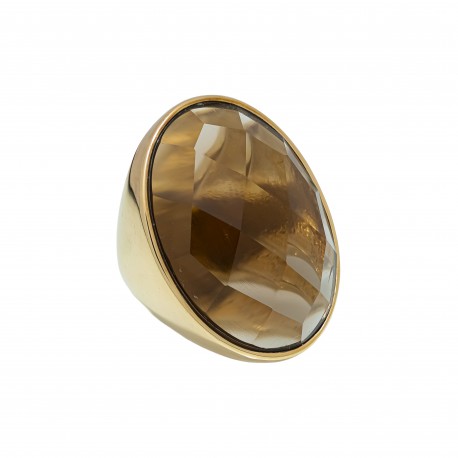 Anel Fane's Pedra Natural Cristal Fume Metal Dourado