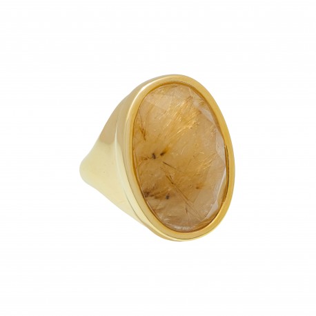Anel Fane's Pedra Natural Quartzo Rutilado Metal Dourado
