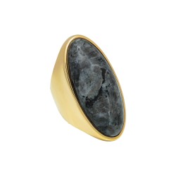 Anel Fane's Pedra Natural Jaspe Cinza Metal Dourado