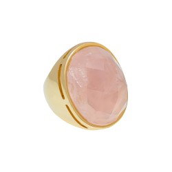 Anel Fane's Pedra Natural Quartzo Rosa Metal Dourado
