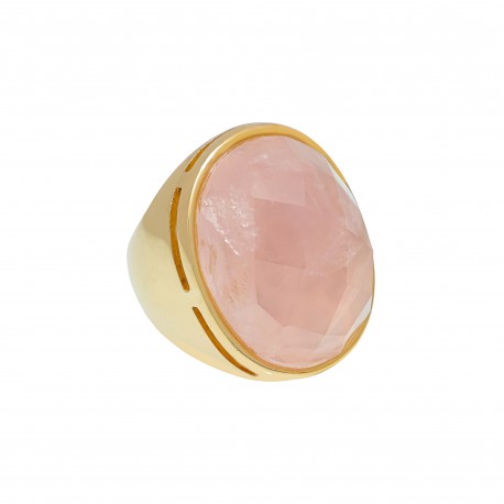 Anel Fane's Pedra Natural Quartzo Rosa Metal Dourado