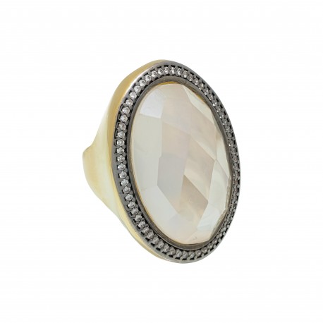 Anel Fane's Pedra Natural Cristal Perolado Zircônias Metal Dourado