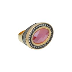 Anel Fane's Pedra Natural Turmalina Rosa Zircônia Metal Dourado