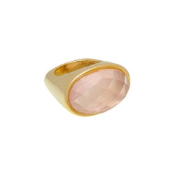Anel Fane's Pedra Natural Quartzo Rosa Metal Dourado