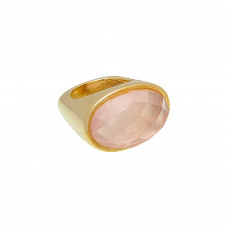 Anel Fane's Pedra Natural Quartzo Rosa Metal Dourado