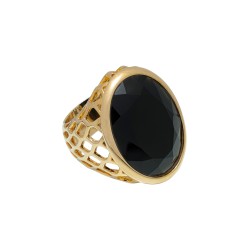 Anel Fane's Pedra Natural Cristal Onix Metal Dourado