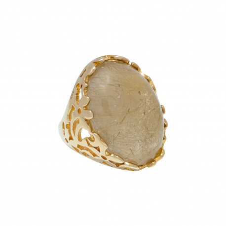 Anel Fane's Pedra Natural Quartzo Rutilado Metal Dourado