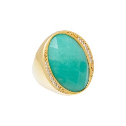 Anel Fane's Pedra Natural Jade Azul Zircônias Metal Dourado