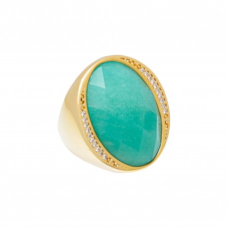 Anel Fane's Pedra Natural Jade Azul Zircônias Metal Dourado