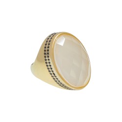 Anel Fane's Pedra Natural Cristal Perolado Zircônia Metal Dourado