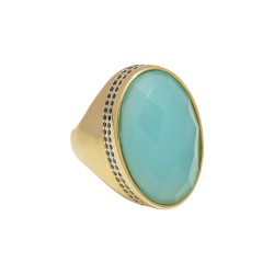 Anel Fane's Pedra Natural Àgata Azul Céu Zircônia Metal Dourado